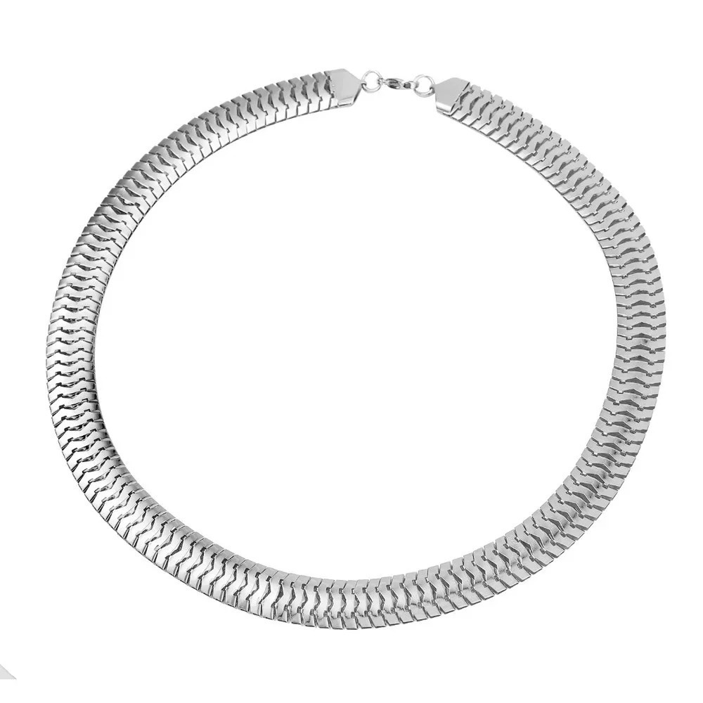 Fish Scale Wide Lay Flat Link Necklace In Stainless Steel. 24"